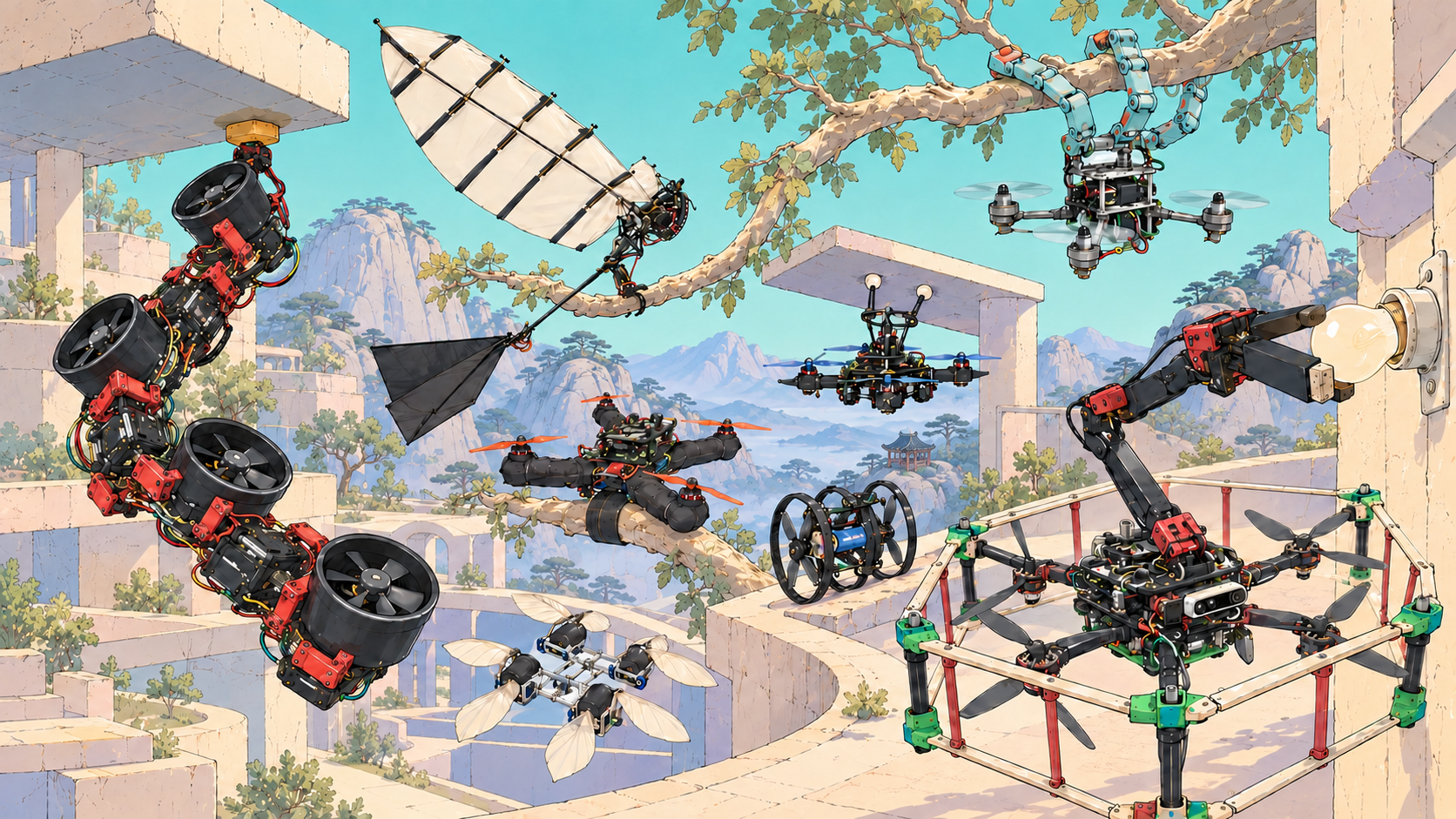 Fine-ink illustration of eight aerial research robots perching, contacting overhead surfaces, rolling and manipulating a fixture among pale architectural terraces. Korean-inspired granite peaks, sculptural pines and a small tiled timber pavilion recede into the distance.